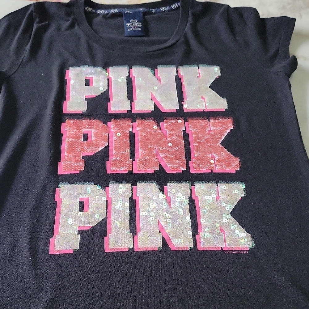 PINK Victoria's Secret Black Tee with Pink Sequin Logo - Picture 5 of 5